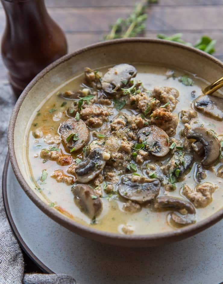Easy Dairy-Free Cream of Mushroom Soup with ground turkey and herbs - a quick, delicious healthy dinner recipe