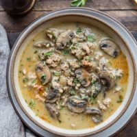 Dairy-Free Cream of Mushroom Soup with Ground Turkey - an easy, healthy whole30, paleo, keto, low-carb, delicious soup recipe. Post includes Instant Pot, stove top, and Crock Pot instructions