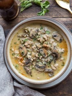 Dairy-Free Cream of Mushroom Soup with Ground Turkey - an easy, healthy whole30, paleo, keto, low-carb, delicious soup recipe. Post includes Instant Pot, stove top, and Crock Pot instructions