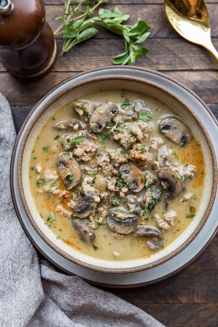 Dairy-Free Cream of Mushroom Soup with Ground Turkey - an easy, healthy whole30, paleo, keto, low-carb, delicious soup recipe. Post includes Instant Pot, stove top, and Crock Pot instructions