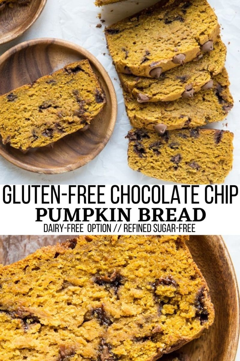 Gluten-Free Chocolate Chip Pumpkin Bread - pumpkin pie spice and chocolate chips send the flavor profile to the moon here! Fluffy, moist, refined sugar-free and easy to make dairy-free!