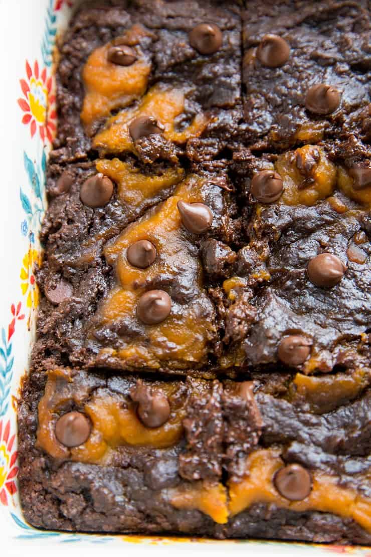 Gluten-Free Pumpkin Swirl Brownies with a grain-free option. Refined sugar-free, dairy-free and healthy