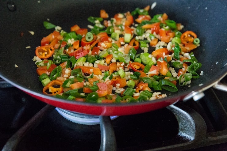Sauteeing vegetables for kung pao chicken