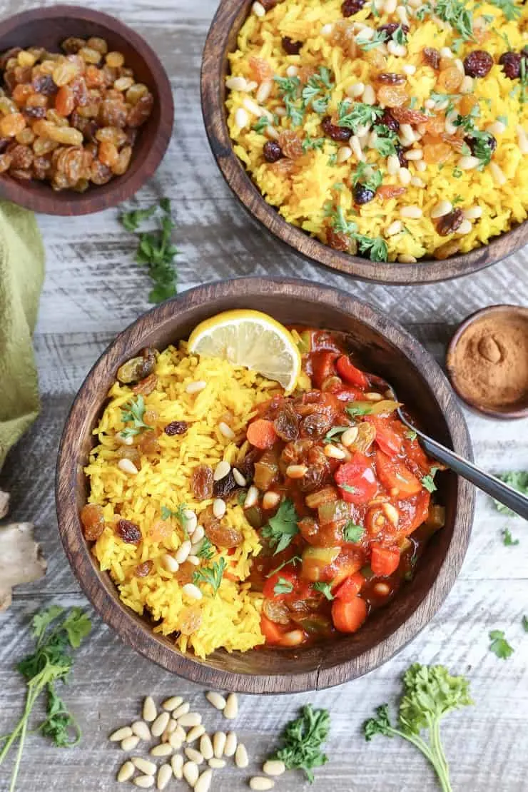 Easy Moroccan Chicken Stew with ginger turmeric aromatic rice. A flavorful healthy dinner recipe