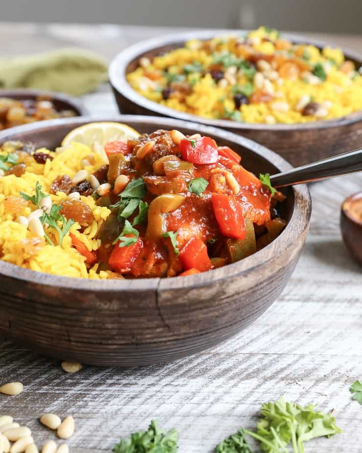 Easy Moroccan Chicken Stew with Turmeric Ginger Aromatic Rice - a healthy dinner recipe loaded with Moroccan flair! #glutenfree #paleo #chickenrecipe