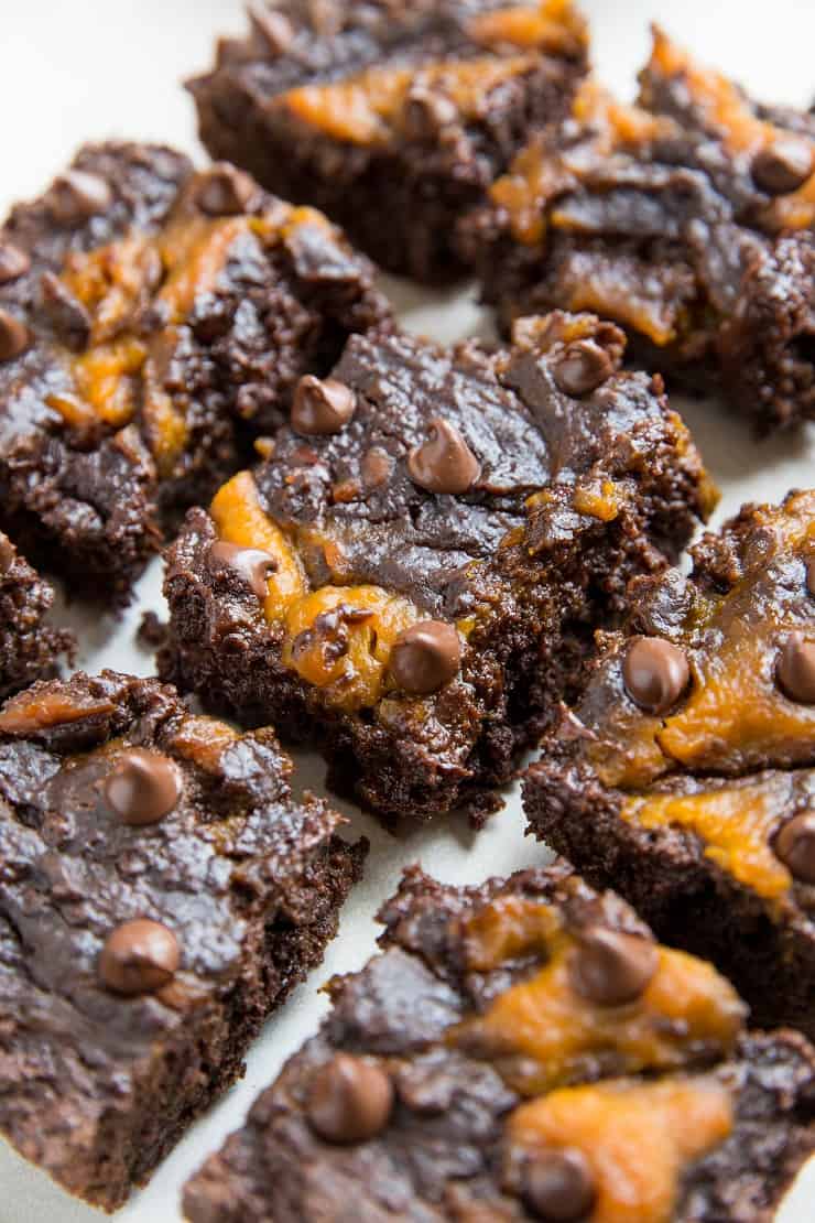 Gluten-Free Pumpkin Swirl Brownies with coconut sugar - a paleo grain-free option included in the recipe. Naturally sweetened healthy brownies recipe