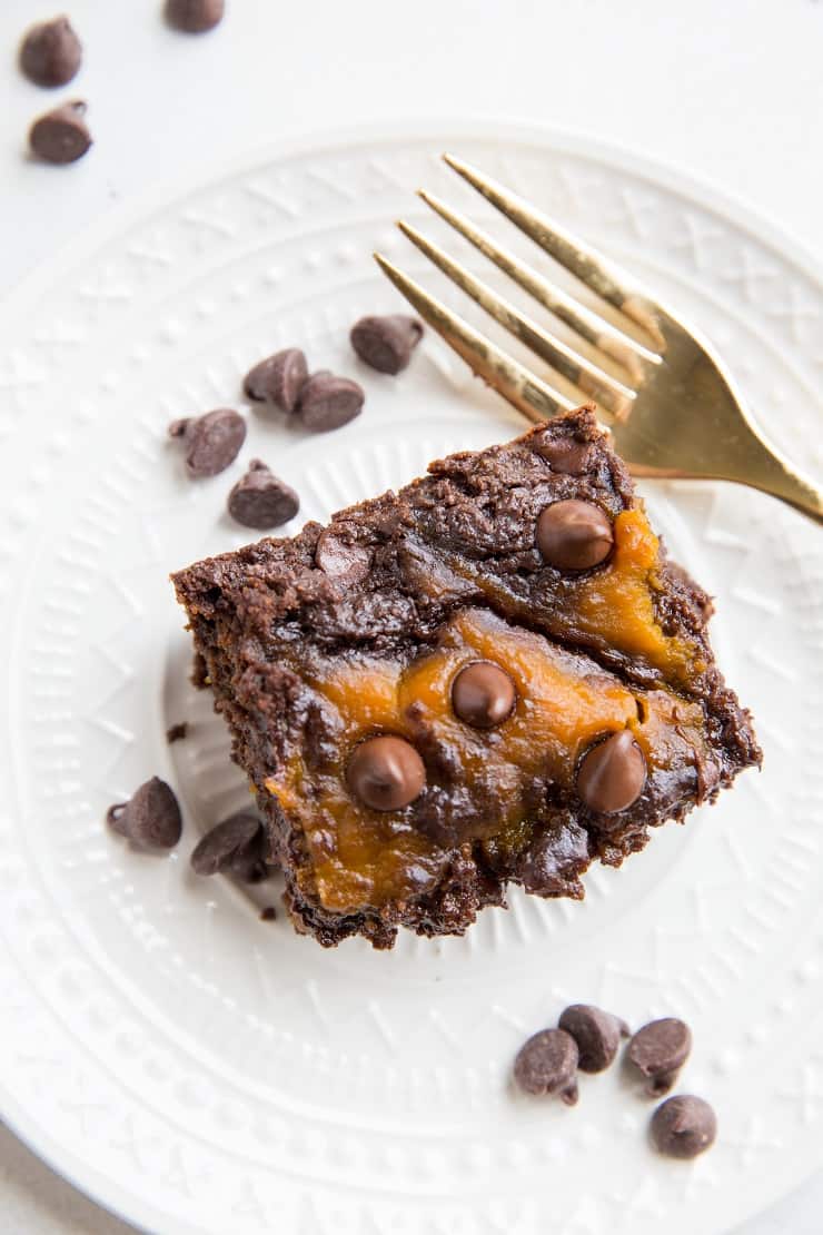 Gluten-Free Pumpkin Swirl Brownies with a paleo option! Two ways to make healthier pumpkin brownies. Refined sugar-free, dairy-free, moist, fudgy and delicious!