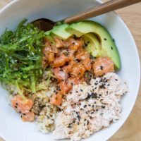 Salmon Poke Bowls with Crab Salad, seaweed salad, and avocado - a nutritious, delightful sushi at home experience