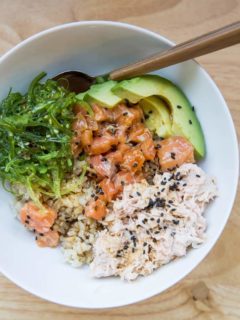 Salmon Poke Bowls with Crab Salad, seaweed salad, and avocado - a nutritious, delightful sushi at home experience