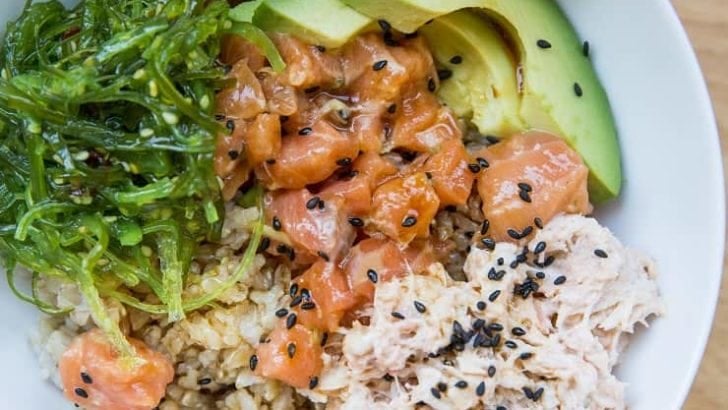 Salmon Poke Bowls with Crab Salad, seaweed salad, and avocado - a nutritious, delightful sushi at home experience