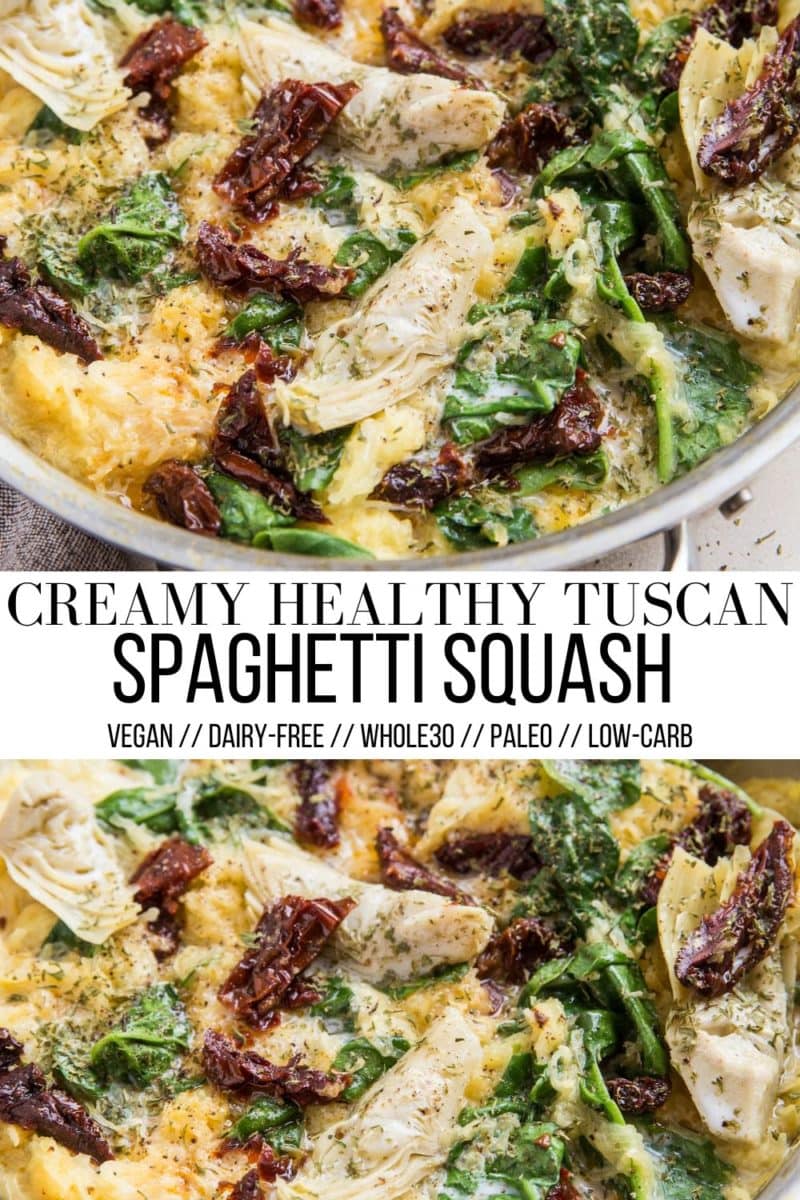 Creamy Tuscan Spaghetti Squash with artichoke hearts, sun-dried tomatoes, and spinach. An easy side dish that is whole30, paleo, vegan, keto, and healthy!
