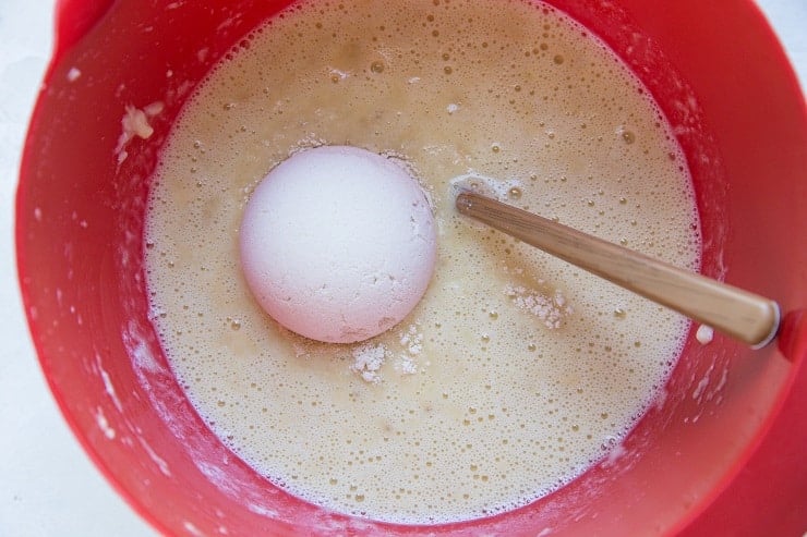 Add the coconut flour to the mashed bananas to make waffles