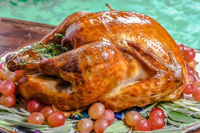 Roast Turkey with Apple Cider Brine from Flavor Mosaic -  The secret to this amazing turkey recipe is the Apple Cider Brine and lots of butter. Bringing the turkey in an apple cider brine, then roasting it with plenty of butter and seasoning results in a delectable texture and tons of flavor.