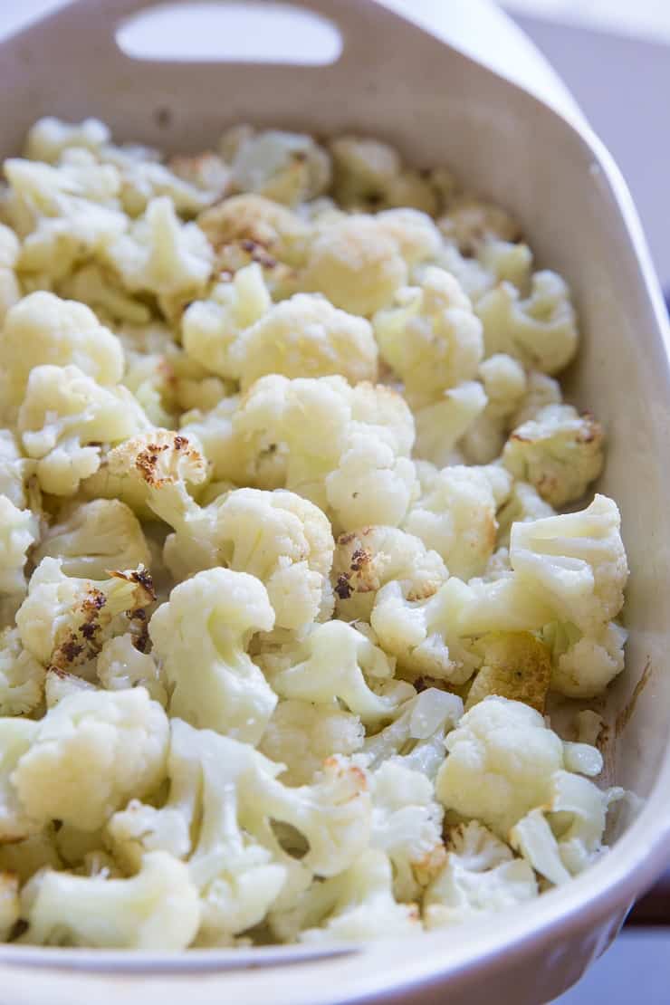 Roasted cauliflower in a large casserole dish