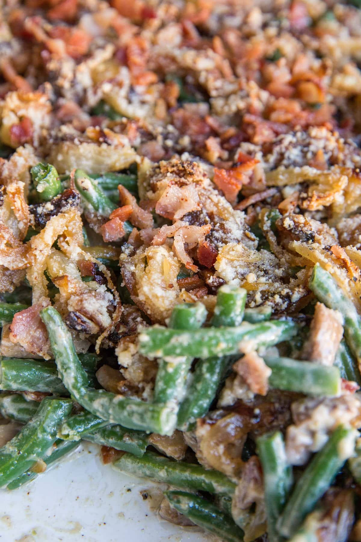 Creamy Dairy-Free Green Bean Casserole with bacon - gluten-free and healthy