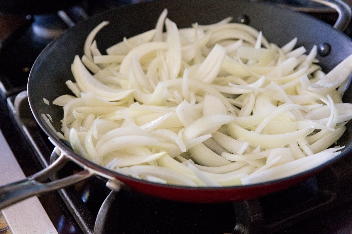 Onions in a skillet to make caramelized onions