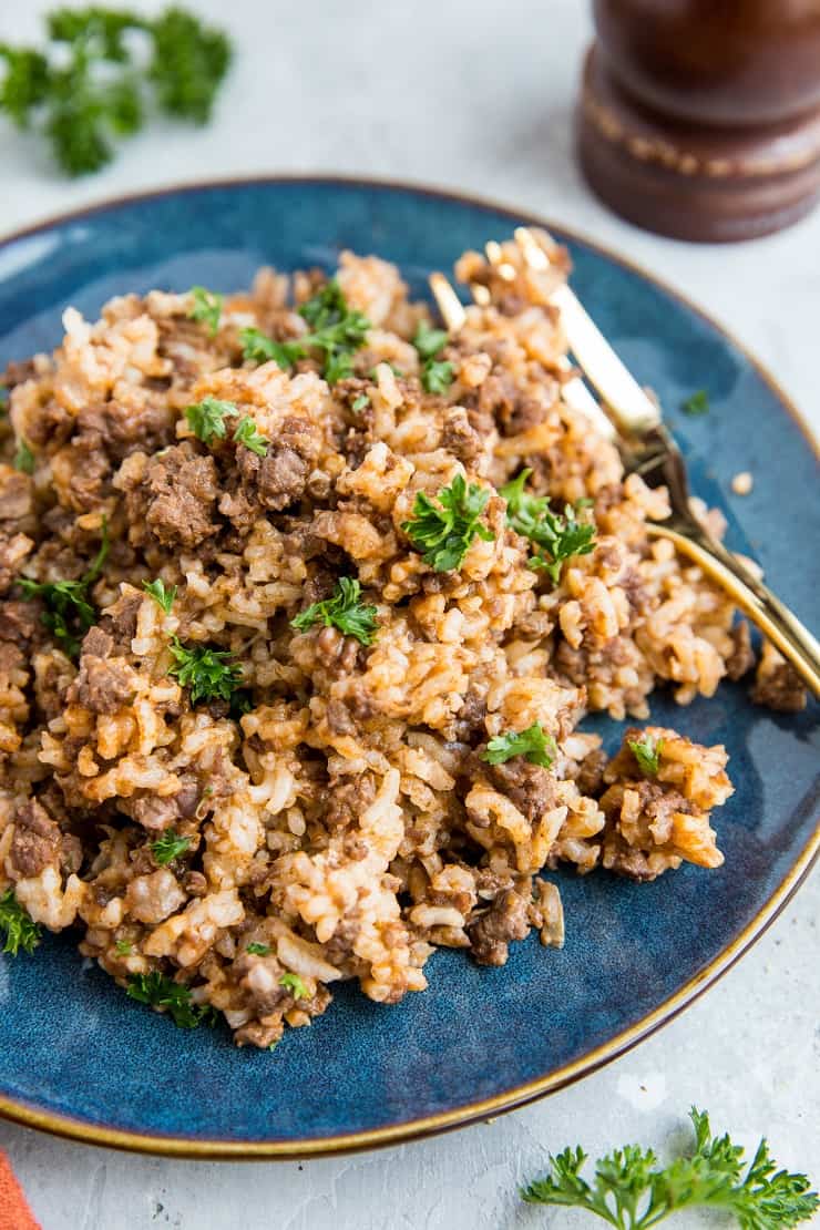 Pressure Cooker Hamburger Helper made with rice. Dairy-free and easy to make in the Instant Pot