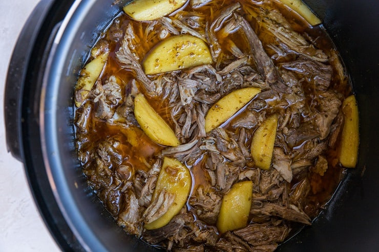 Shredded pulled pork and apples finished in the Instant Pot