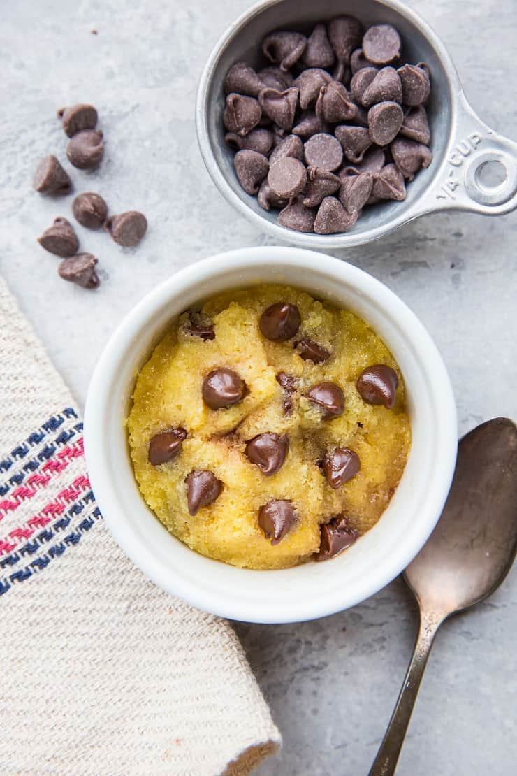 Grain-Free Low-Carb Chocolate Chip Mug Cookie made with either coconut flour or almond flour. Sugar-free and delicious!