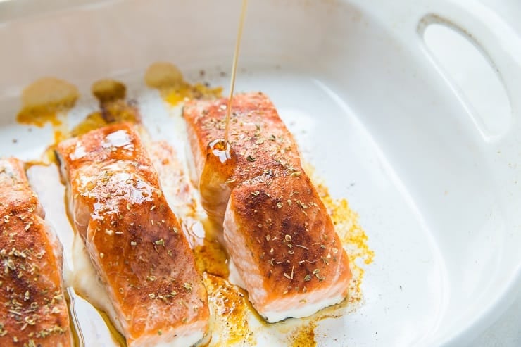 Baked Glazed Salmon in a casserole dish