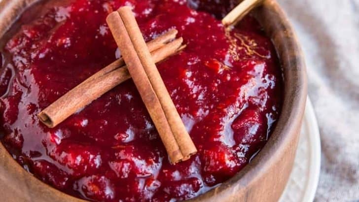 Maple Bourbon Cranberry Sauce with cinnamon and orange zest - a flavorful unique approach to homemade cranberry sauce for your Thanksgiving feast!