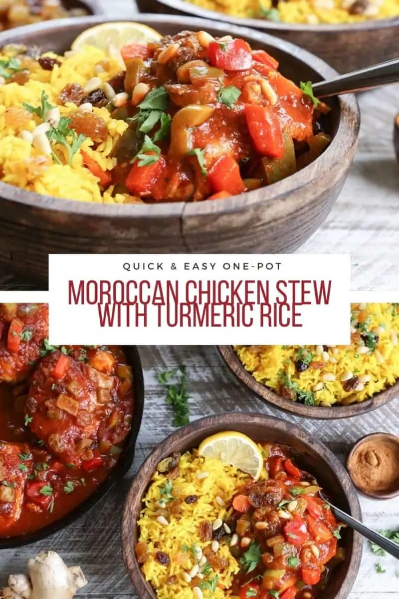 Quick and Easy Moroccan Chicken Stew Recipe with Ginger Turmeric Rice - a healthy, comforting dinner recipe