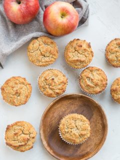 Healthy Apple Muffins made with almond flour, sweetened with banana and apple. This grain-free, dairy-free, refined sugar-free apple cinnamon muffins recipe contains no added sweetener!