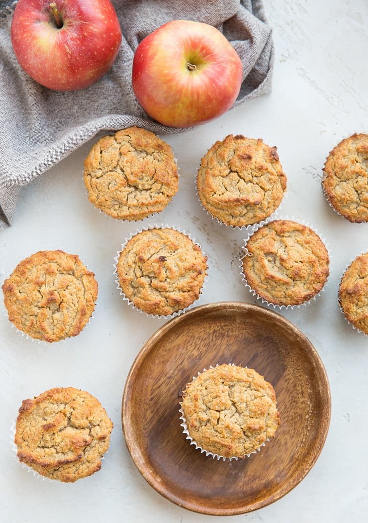 Healthy Apple Muffins made with almond flour, sweetened with banana and apple. This grain-free, dairy-free, refined sugar-free apple cinnamon muffins recipe contains no added sweetener!