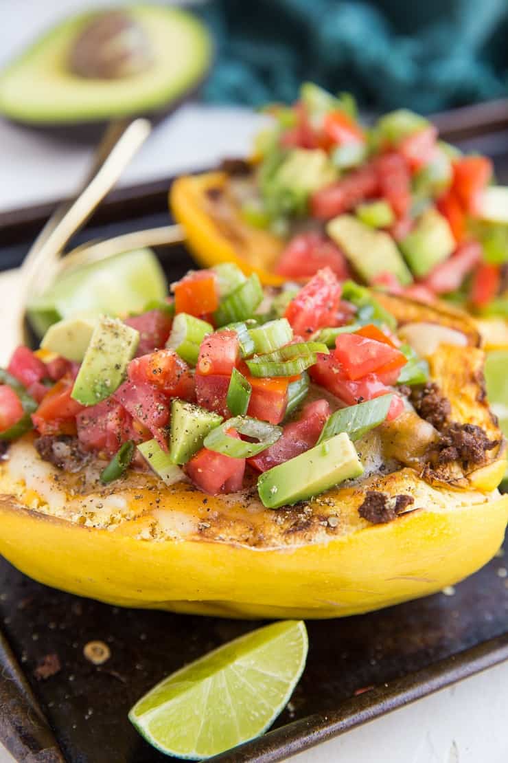 Keto Spaghetti Squash Burrito Bowls with Ground Beef, avocado, cheese, tomato and more for a healthy dinner recipe