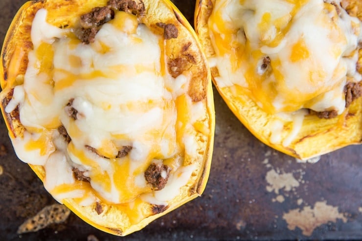 Spaghetti Squash stuffed with ground beef with melted cheese