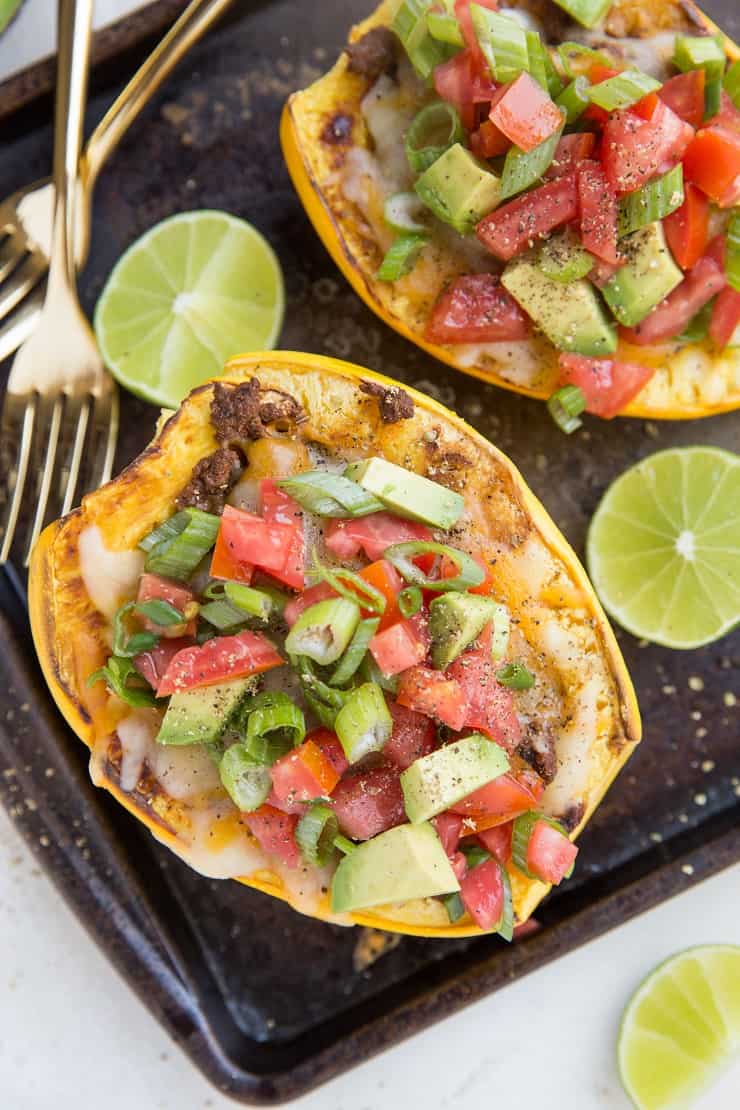 Keto Spaghetti Squash Burrito Bowls with ground beef and avocado