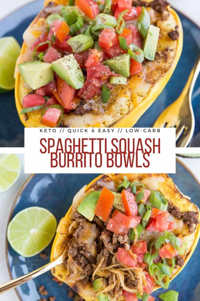 Spaghetti Squash Burrito Bowls - low-carb burrito bowls with spiced ground beef, avocado, tomato, and cheese - a healthy, delicious dinner recipe