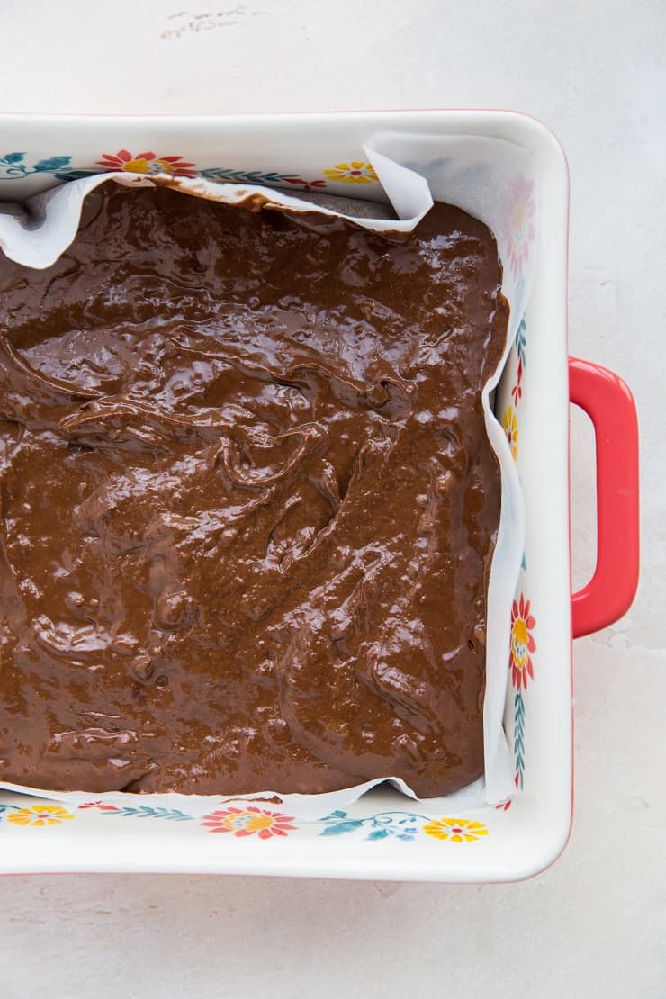 Brownie batter in a baking pan