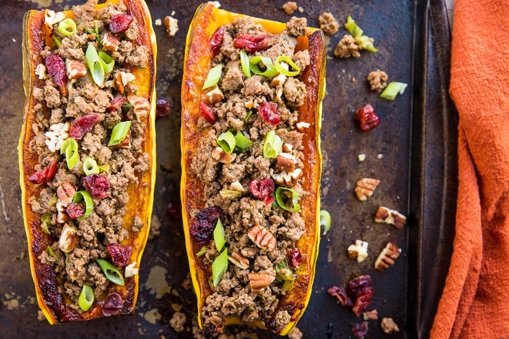 Ground Beef Stuffed Delicata Squash with cranberries and pecans - paleo, whole30, healthy clean dinner recipe