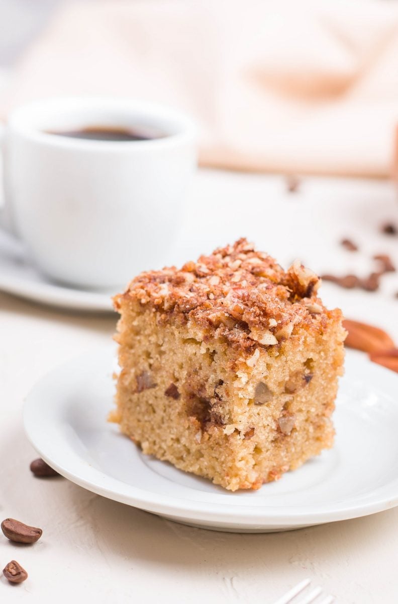 Close up shot of almond flour coffee cake on a plate.