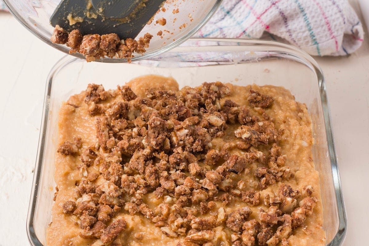 Almond flour coffee cake with crumble topping ready to go into the oven.