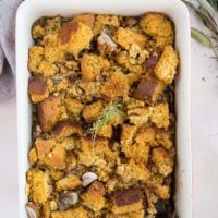 Dairy-Free Gluten-Free Cornbread Stuffing with Mushrooms and herbs - an easy delicious Thanksgiving side dish!