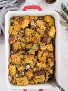 Dairy-Free Gluten-Free Cornbread Stuffing with Mushrooms and herbs - an easy delicious Thanksgiving side dish!