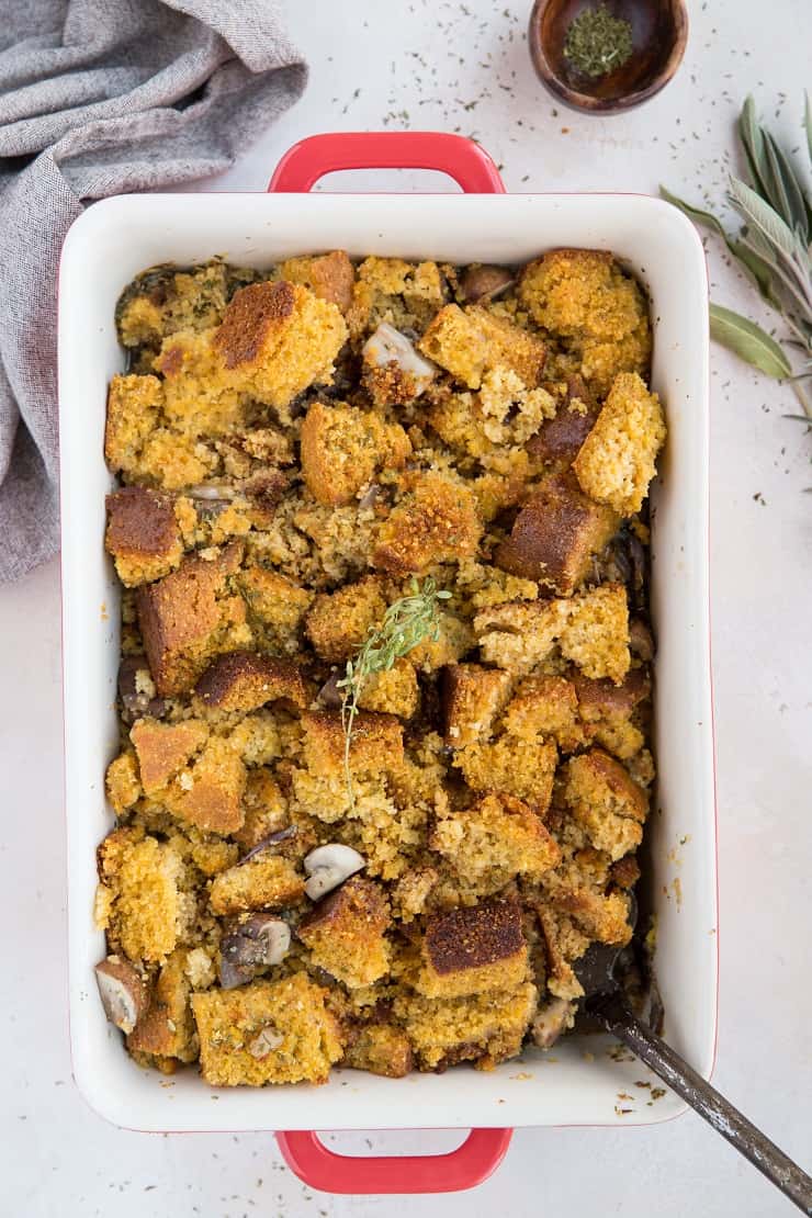 Dairy-Free Gluten-Free Cornbread Stuffing with Mushrooms and herbs - an easy delicious Thanksgiving side dish!