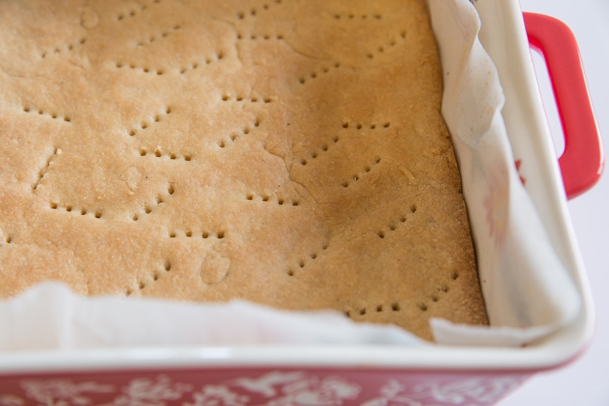 Shortbread crust fresh out of the oven for cranberry bars