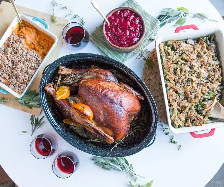 Thanksgiving turkey spread with side dishes