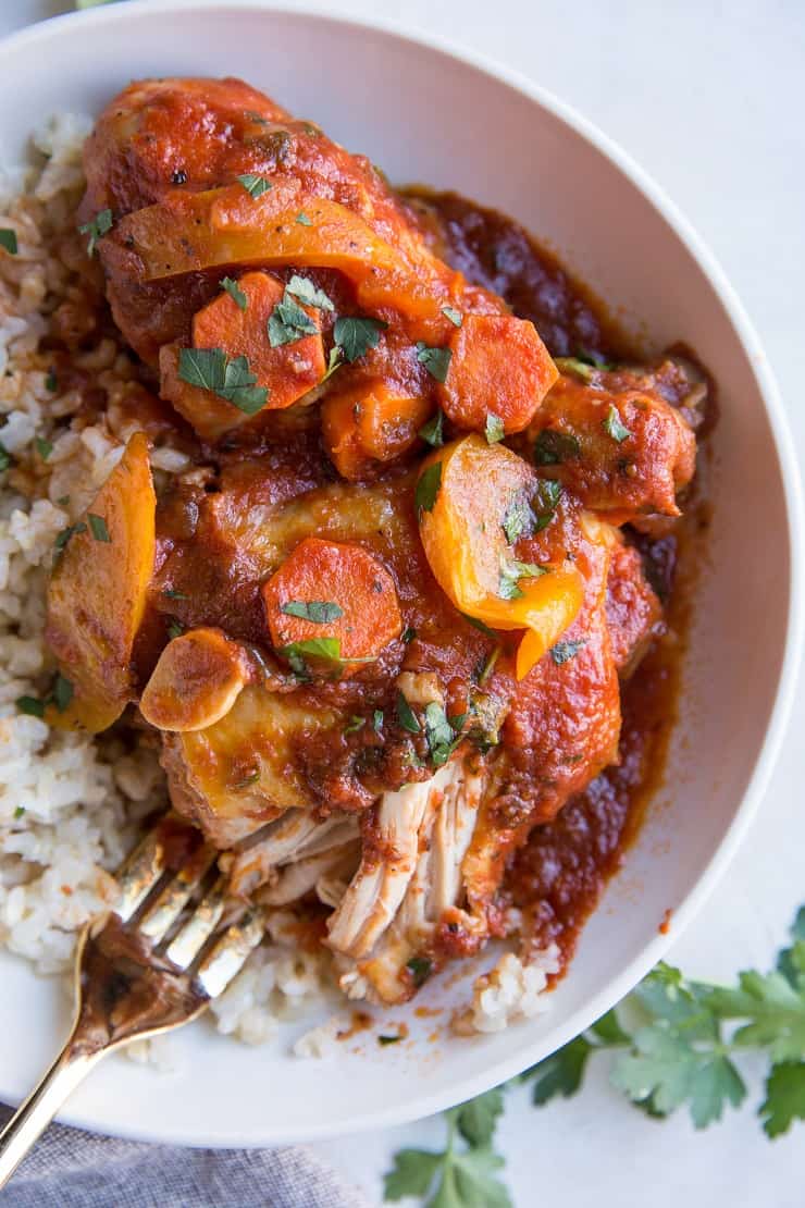 Easy Chicken Cacciatore made in the Instant Pot - chicken stewed in tomato sauce with peppers and carrots for a healthy, flavorful dinner recipe