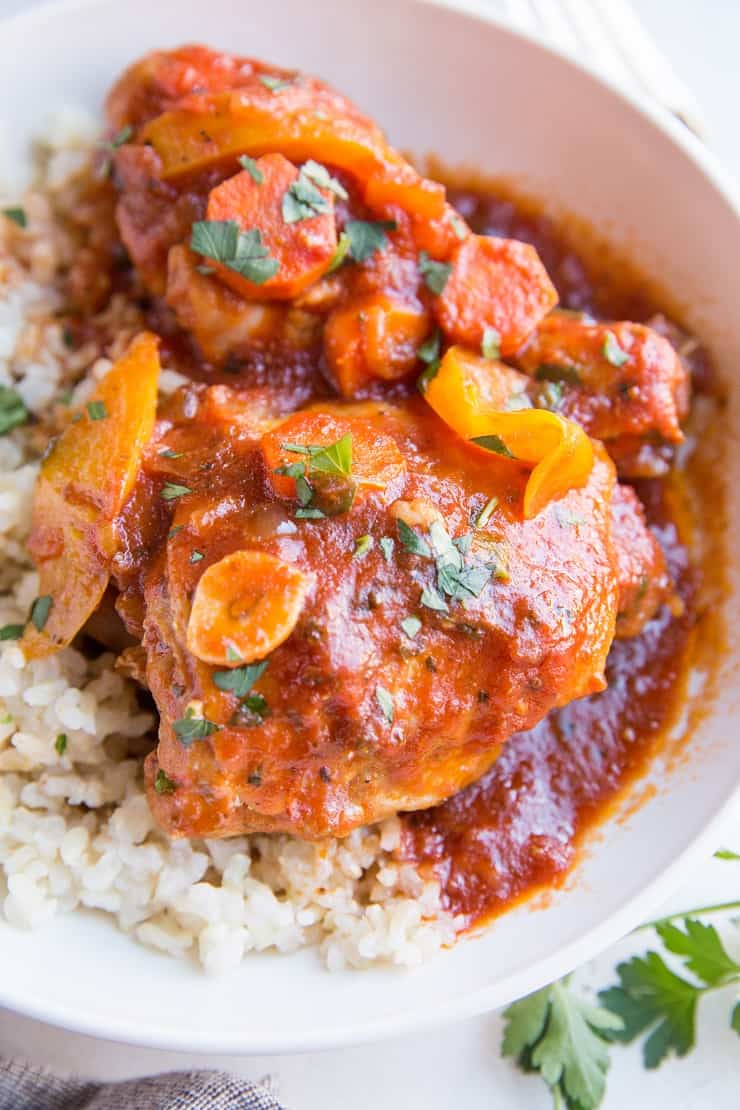 Easy Chicken Cacciatore made in the Instant Pot - chicken stewed in tomato sauce with peppers and carrots for a healthy, flavorful dinner recipe