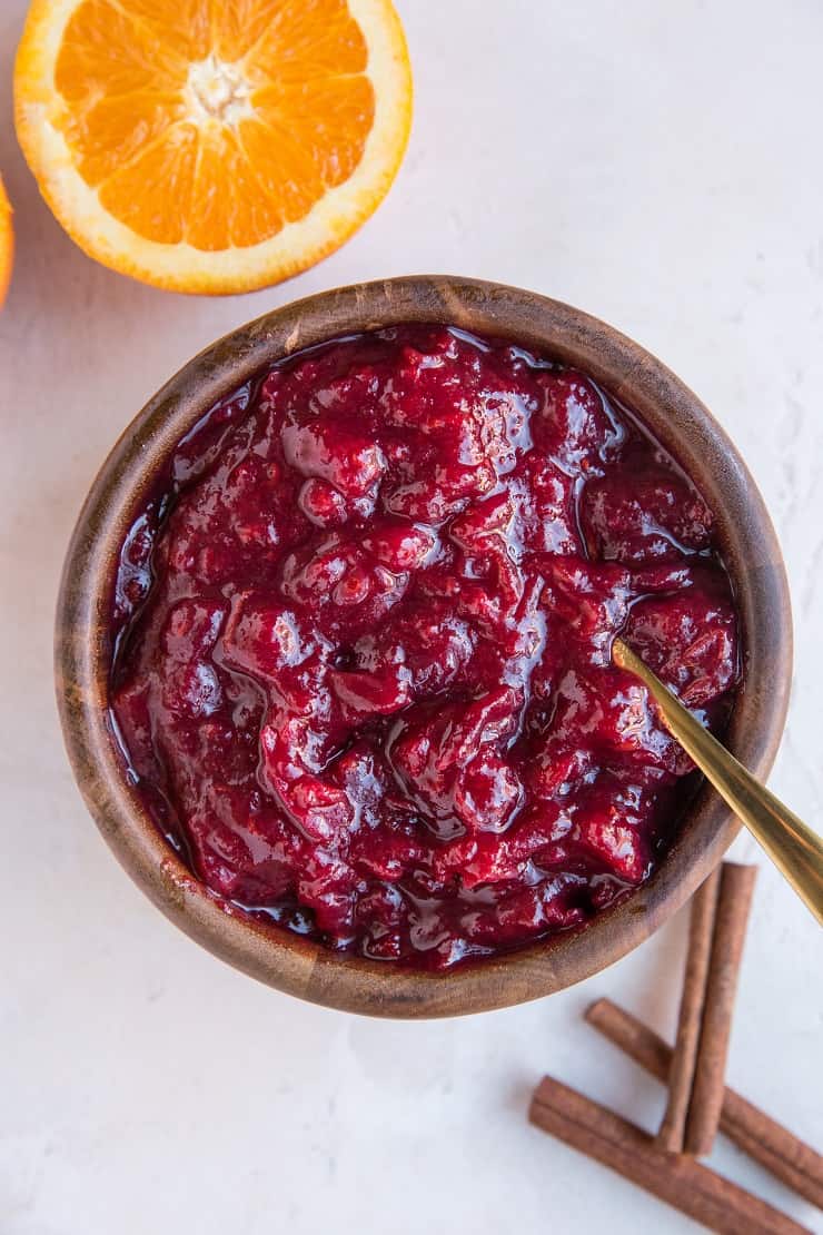 Maple Bourbon Cranberry Sauce with cinnamon, apple cider, and orange zest for a healthy homemade cranberry sauce recipe