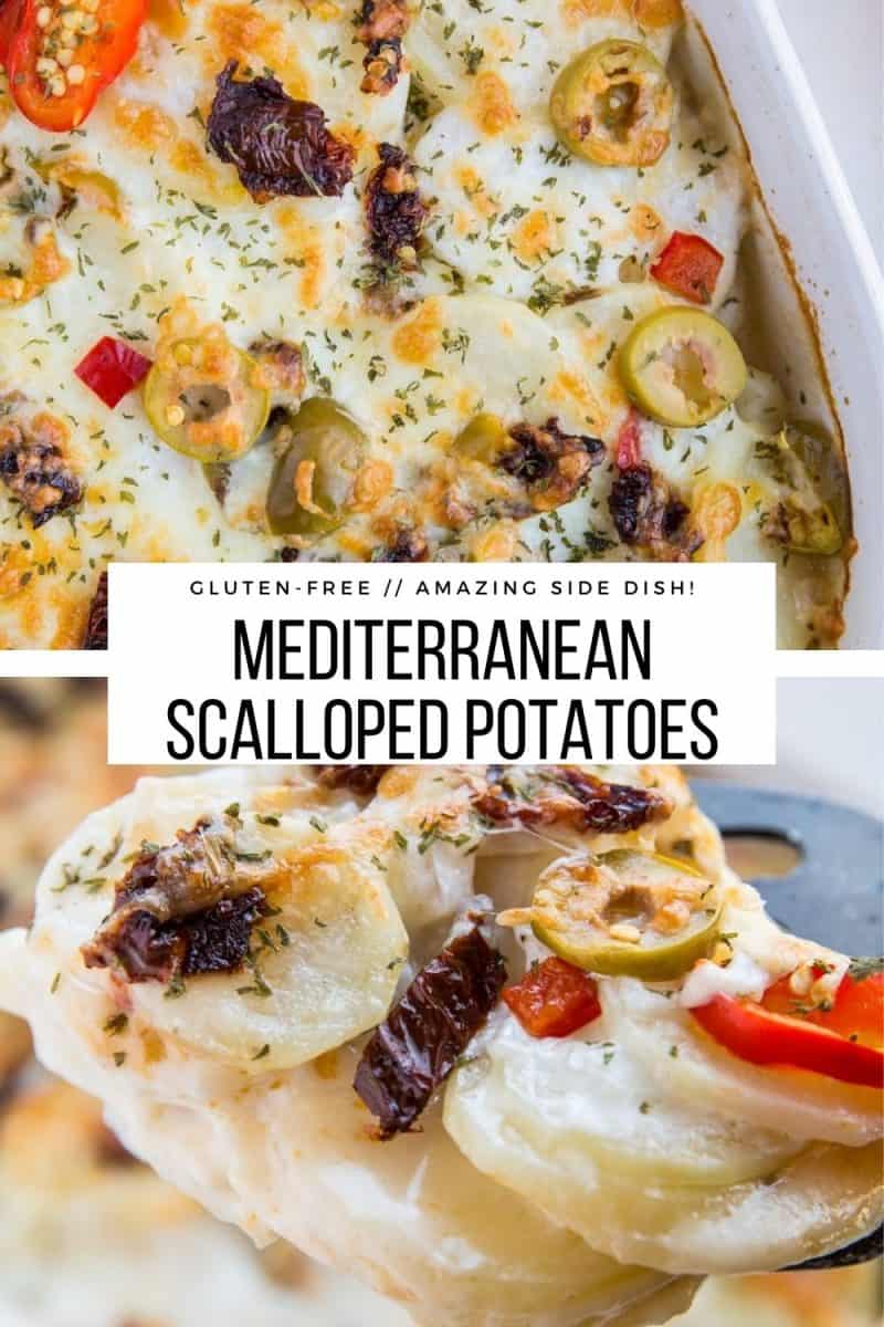 Mediterranean Scalloped Potatoes with sun-dried tomatoes, olives, and roasted bell peppers. A unique spin on classic scalloped potatoes for an amazing side dish!