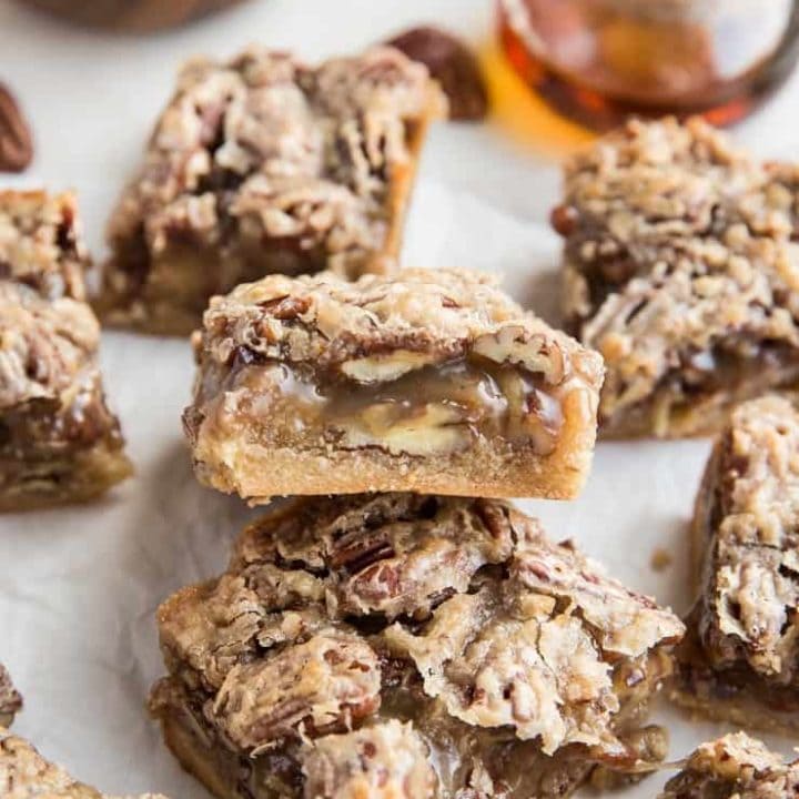 Grain-Free Vegan Pecan Pie Bars that are paleo, dairy-free, refined sugar-free and healthier. A delicious gooey caramel pecan bar on a shortbread crust