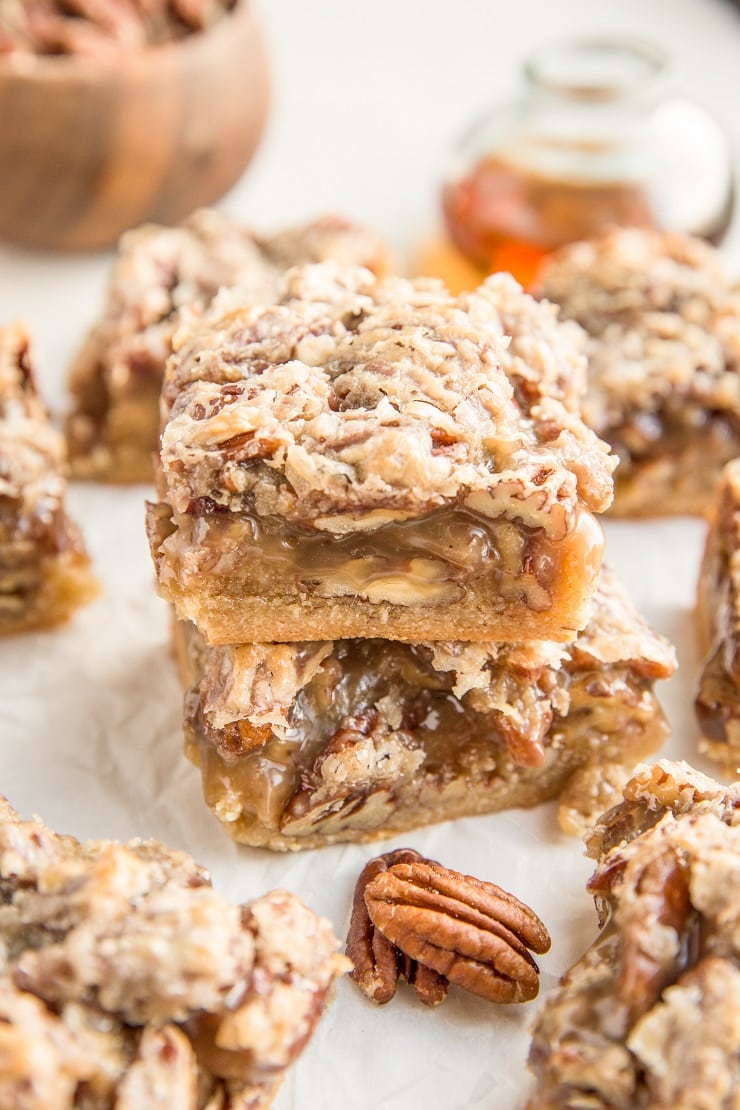 Paleo Pecan Pie Bars - grain-free, refined sugar-free, dairy-free healthier pecan pie bars made with almond flour. A delicious cleaner dessert recipe!