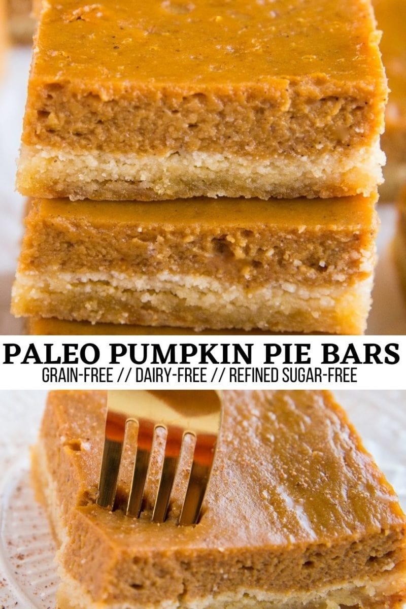 Paleo Pumpkin Pie Bars - grain-free, refined sugar-free, dairy-free, healthier dessert recipe. Perfect for those who don't own a pie pan!