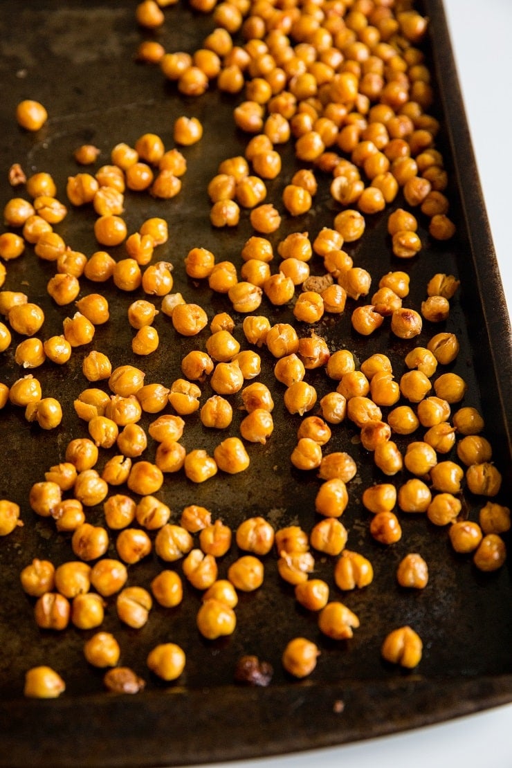 Roasted chickpeas on a sheet pan