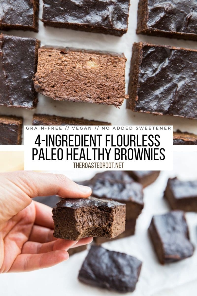 4-Ingredient Vegan Paleo Brownies - flourless, dairy-free, refined sugar-free, oil-free and delicious! Moist, fudgy, super rich and chocolatey!